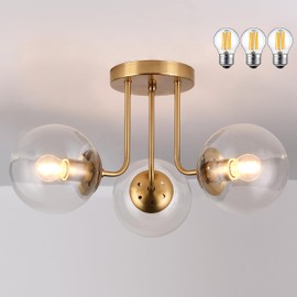KoKo&Yukina 3-Light Semi Flush Mount Ceiling Light Globe Ceiling Light Mid Century Ceiling Light with Clear Glass Globe & Brushed Brass for Bedroom Hallway Entryway Kitchen Living Room (Bulb Incl.)