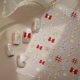 Christmas Nail Stickers Xmas Tree Nail Art Stickers Bow Nail Decals with Gold Design Snowflakes Nails Art Decals 5D Embossed Self Adhesive Nails Charms for Women Girls Manicure Supply Decoration