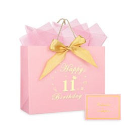 Pink Happy 11th Birthday Gift Bag with Tissue Paper and Cards, 11 Year Old Girl Birthday Gift Bag