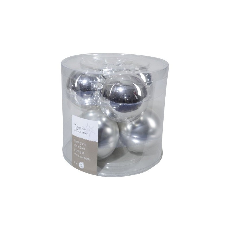 6 Weihnachtskugeln / Christbaumkugeln, aus Glas, 80 mm, glanz/matt, silber
