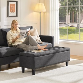 Yaheetech Storage Bench, 17.5" D x 49" W x 18" H, Linen Ottoman with Storage End of Bed Bench with Wooden Legs for Living Room, Bedroom, Entryway, Window, Dark Gray