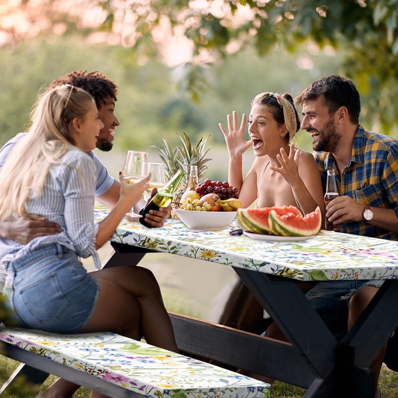 Boao 3 Pcs Vinyl Picnic Table Cover with Bench Cover