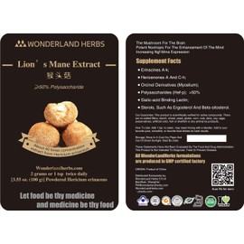 WonderLand Herbs Hericium erinaceus/Monkey Head [ Lion's Mane ] Mushroom Extract Powder 100 g., ≥50% N-glycans