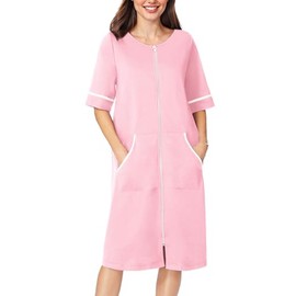 Ekouaer Women Zipper Robe Short Sleeve Duster Housecoat Short Bathrobes Zip Front Nightgown with Pockets, Pink, XXLarge