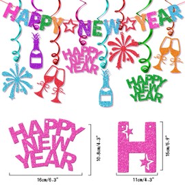 HOWAF 37pcs Colorful NYE Party Supplies - 2025 New Year Decorations, Happy New Year Banner, Headband, Balloons