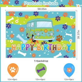 Cartoon Dog Birthday Party Supplies with 1Pcs Cartoon Dog Banner,1 Pcs Backdrop,25 Pcs Caketoppers,18 Pcs Ballon for kids Mysterious Car Hippie Daisy Flower Paw Birthday Baby Shower Party Decorations