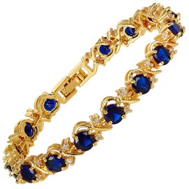 RIZILIA BLOSSOM Tennis Bracelet & Round Cut CZ [Simulated Blue Sapphire] in Yellow Gold Plated, 7"