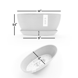 Ecopots Sofia Indoor/Outdoor Modern Plastic Oval Flower Pot Planter with Water Reservoir, Grey, 12"