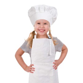 CRJHNS Kids Apron and Chef Hat Set, Adjustable Cotton Child Toddler Aprons with Pocket, White Girls Boys Kitchen Bib Aprons for Cooking Baking Painting (White, Small)