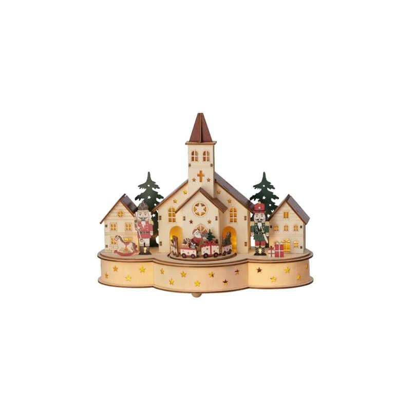 Lumineo LED Wood Village Church with Train Scene, Music and