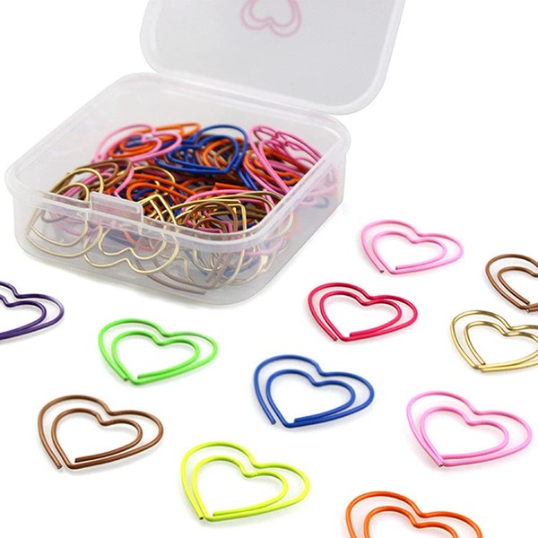 2 Boxes (100 Pieces) Heart Shaped Paper Clips Multicolor Paperclips