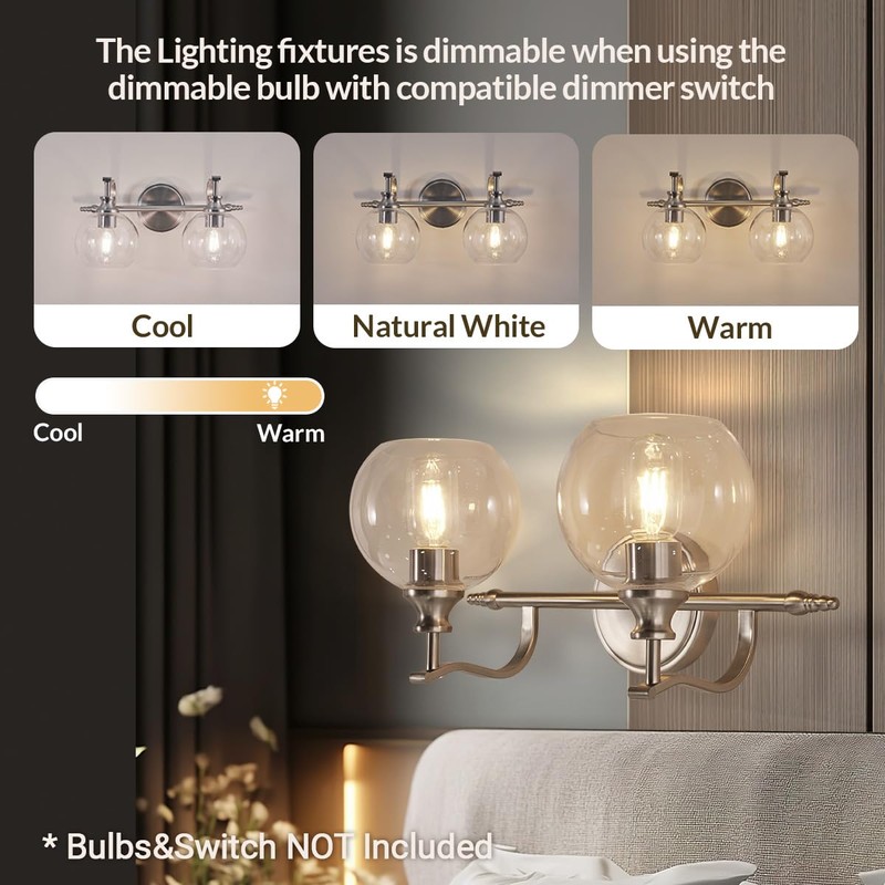 ANDY STAR Brushed Nickel Bathroom Light Fixture, 2 Light Bathroom