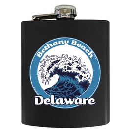 R and R Imports Bethany Beach Delaware Ocean Wave Design Souvenir 7 oz Steel Flask Matte Finish Black 2-Pack