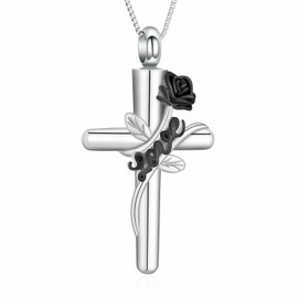 XSMZB Cross Cremation Jewelry for Ashes Human Pet Rose Flower Cross Urn Necklace for Women Funeral Keepsake Pendant Hold Ashes(Silver-Black)