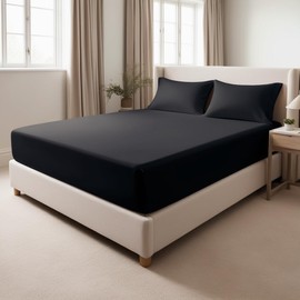 200 Thread Count 100% Egyptian Cotton Fitted Sheet - Extra Deep 16''/40cm Luxury Bottom Sheet - Ultra Soft Stretchable Deep Pocket Bed Sheet (Black, Double)