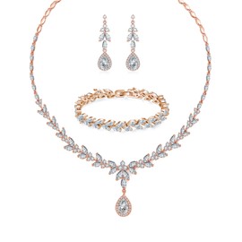 Zolkamery Bridal Jewellery Sets for Women, Bracelet Necklace and Earring Sets with Cubic Zirconia, Rose Gold Sparkle Briolette Jewellery Set, Wedding Set Jewellery for Bride