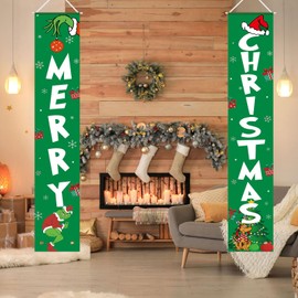 Christmas Decorations MERRY CHRISTMAS Green Banner Xmas Porch Door Sign Welcome Banner Decor for Indoor Outdoor Wall Home