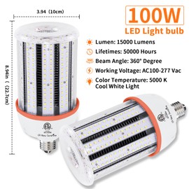1000W Equivalent Led Corn light bulbs, 15000 Lumen LED Corn Bulb 100W 5000K Daylight White Lamp,E26/E39 Medium Mogul Base,2-Pack Large Area Lights For Outdoor Indoor Warehouse Garage High Bay Lighting