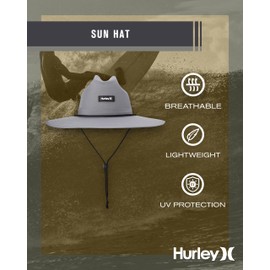 Hurley Men's Sun Hat - Wide-Brim Tropical Print Lifeguard and Summer Beach Hat for Men with Chin Strap, Size One Size, Grey