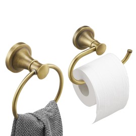 Hoimpro Antique Brass Towel Ring Toilet Paper Holder 2 Set, Double Bathroom Hardware Fixtures Toilet Roll Tissue Holder, Hand Towel Bar Towel Rack Rv Accessories, Sus304 Stainless Steel, Wall Mount