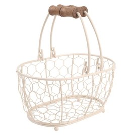 T&G Provence Wireware Small Oval Basket with Aged Wooden Handles, Cream, 20.4 x 14.5 x 10.5 cm
