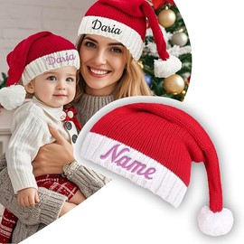Generisch Personalisierte Strick Weihnachtsmütze Nikolausmütze mit Name Weiche Nikolausmütze Rot Warm für Xmas Party und Winterfeiern (Erwachsene)