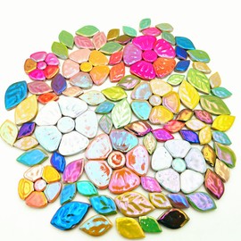 500g/1.1lb Random Color Iridescent Flowers & Leaves Ceramic Mosaic Tiles, DIY Making Creative Mosaic Tiles for DIY Craft Plates Flowerpots Vases Cups Mosaic Making Supplies (Flowers + Leaves)