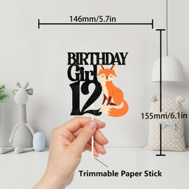 Decoración de cumpleaños con purpurina negra para niña, 12 tartas, decoración temática de zorro, baby shower, niñas, feliz cumpleaños, 12 fiestas, suministros de decoración temática