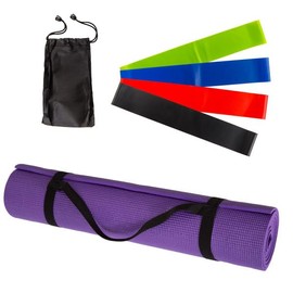 Yoga Mat Set - 4-Pack of Resistance Bands for Working Out with 1/4-Inch Workout Mat - Home Gym Starter Kit - Exercise Equipment by Wakeman (Purple)