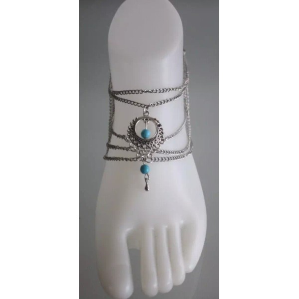 Unbranded Silver Antique Look Boho Ankle Bracelet Turquoise Beads Layered