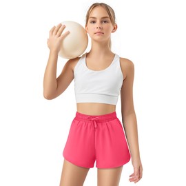 JOCMIC Girls Athletic Shorts with Liner 2 in 1 High Waist Running Short for Basketball Volleyball Tennis Rose Red 9-10 Years