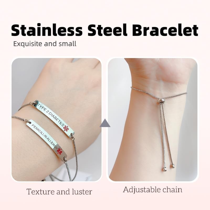 RENYILIN Stainless Steel Box Chain Adjustable Medical Alert Emergency Aid