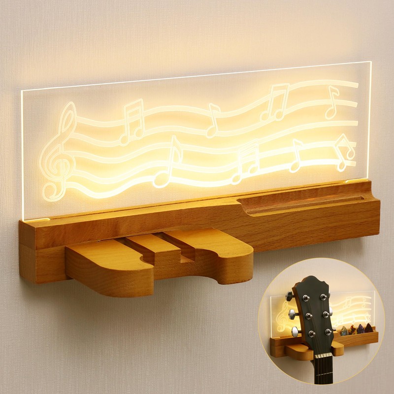 JIZZU Guitar Wall Mount, USB Powered LED Luminous Wooden Guitar