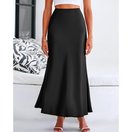 BTFBM Womens Summer Fall Skirt 2025 Silk Elegant High Waist Cocktail Party Wedding Mermaid Satin Maxi Skirts(Solid Black, Large)