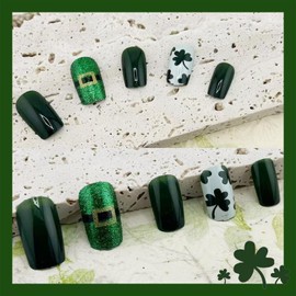 Green Clover Press on Nails Medium Square St. Patrick's Day Fake Nails with Shamrock Design Green Glitter False Nails St Patricks Day Lucky Clover Glue on Nails Clover Stick on Nails for Women Girls