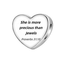 BEEUVIP 925 Sterling Silver Bead Heart Charm Fit Charms Bracelet Christian Bible Verse Charm Prayer Faith Religious Jewelry Gifts for Women E311