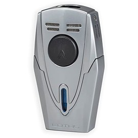 Lotus Fury Cigar Lighter with Double Pinpoint Torch Flames, Single Action Ignition, All Metal Housing, Integrated Cigar Punch, Tinted Fuel Level Window (Chrome)