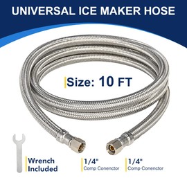 10ft Ice Maker Water Line Stainless Steel Braided – Flexible Refrigerator Water Supply Tube with 1/4" Quick Connect Fitting, Universal Fit