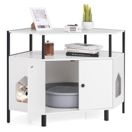 PETSITE Corner Cat Litter Box Enclosure, Litter Box Corner Cabinet with 2 Entrances, Open Shelf, and Double Doors, Industrial/Modern Style Hidden Litter Box Furniture for Cat Kitty (White)