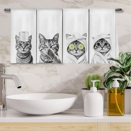 ChenCraty Funny Cat Bathroom Hand Towels Set of 4, Cat Bathroom Decor, Gifts for Cats Lovers Women Decorative Hand Towels for Bath Room Washroom Spa Decor, 16x24 Inches
