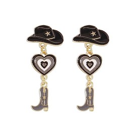 Vintage Western Cowgirl Boot Hat Earrings.Color Enamel Heart Dangle Eearring Cute Drop Earrings Jewelry Gifts for Women Girls (Black)