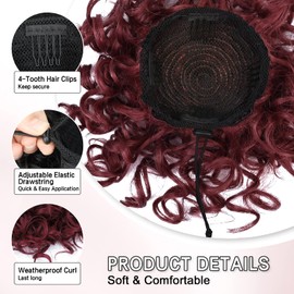 Lommel Messy Hair Bun Hair Piece,Drawstring Loose Curly Hair Buns Scrunchies Natural Soft Clip in Hair Extensions Ponytail Thick Updo Fake Hairpiece Bun for Women Daily Use(Burgundy)