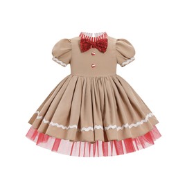 FYMNSI Christmas Dresses For Girls Toddler Baby Christmas Gingerbread Dress Santa Claus Short Puff Sleeve Striped Ruffle Tulle Tutu Dress and Red Sequin Bowtie Kids Birthday Party Outfits Khaki 12-18M