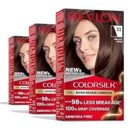 REVLON Revlon ColorSilk with Bond Repair Complex, Permanent Hair Color, 100% Gray Coverage, Ammonia Free Hair Dye, Vegan Keratin, 33 Dark Soft Brown (Pack of 3)