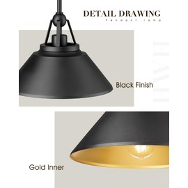 Black Barn Pendant Light Fixture, HWH 12-inch Industrial Pendant Lights for Kitchen Island, 1-Light Hanging Light Farmhouse Dinning Room, Black and Gold Finish, 5HYS89MIL BK