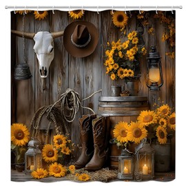 Western Cowboy Shower Curtain Rustic Barn Door Southwest Country Rural Bull Skull Boots Floral Polyester Curtains Bathroom Decor with Hooks 70" Wx70 H