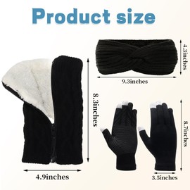 Regilt 2 Sets Figure Skating Leg Warmers Gloves Headband Set Zipper Fleece Lined Leg Warmers Socks for Ice Skating, Black&white-short, Medium