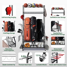 SmarketBuy Golf Bag Storage Garage Organizer, 3 Golf Bags Organizer and Golfing Equipment Accessories Storage Rack, Sports Equipment Storage Organizer with Wheels, 4 Hooks, and Extra Club Display Rack