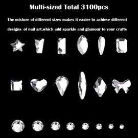 Nail Rhinestones Kit, Nail Art Decorations Flat AB Rhinestones Kit DIY Crafts Gemstones for Nail, Shoes, Clothes, Jewels (600 Blue Diamonds + 2500 Flat Rhinestones)