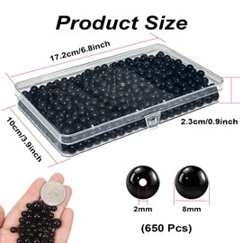 Realjoy Black Glass Pearl Beads, 650 Pcs 8mm Black Beads for Crafting Eyes, Plastic Loose Beads Round Black Crystal Beads for Jewellery Making, DIY Crafting Bracelet Necklace Knitting and Decorations